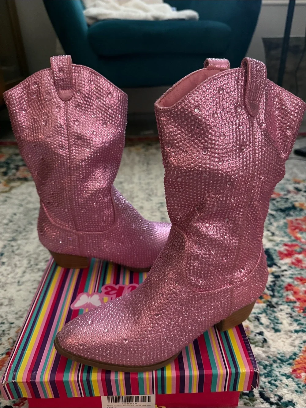 Girls' Western Cowgirl Cowboy Pointed Toe Rhinestone Low Heel Boots